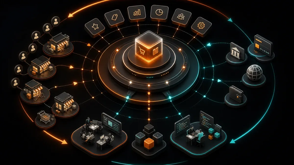 Một platform thương mại với merchant, developer, agency, payment và partner tạo thành bánh đà tăng trưởng